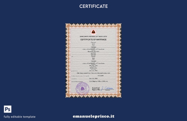 modello PSD di certificato di matrimonio di Timor Est in stile verificato